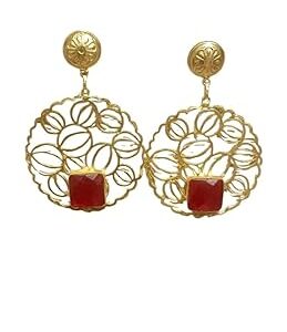 Gold-Plated Floral Filigree Earrings with Gemstone, Traditional Drop Style, Lightweight Danglers for Women