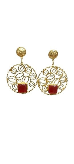 Gold-Plated Floral Filigree Earrings with Gemstone, Traditional Drop Style, Lightweight Danglers for Women