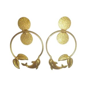 Gold-Toned Dolphin Hoop Earrings with Leaf Motif, Textured Finish, Fashion Jewellery