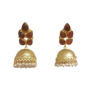 Traditional Gold-Toned Jhumka Earrings with Green Stone Leaf Design and Pearl Drops for Women and Girls
