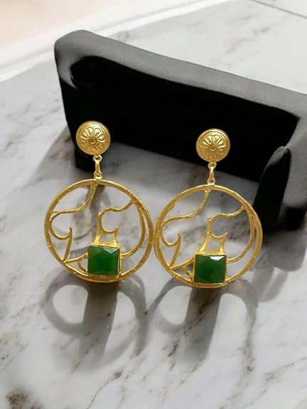 Gold-Plated Floral Filigree Earrings with Gemstone, Traditional Drop Style, Lightweight Danglers for Women - Image 7