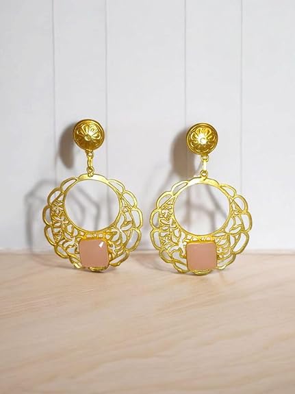Gold-Plated Floral Filigree Earrings with Gemstone, Traditional Drop Style, Lightweight Danglers for Women - Image 6