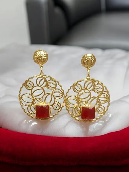 Gold-Plated Floral Filigree Earrings with Gemstone, Traditional Drop Style, Lightweight Danglers for Women - Image 4