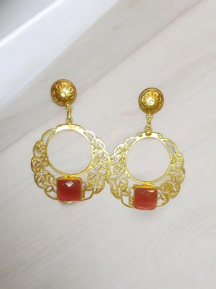 Gold-Plated Floral Filigree Earrings with Gemstone, Traditional Drop Style, Lightweight Danglers for Women - Image 5