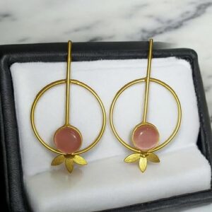 Handcrafted Gold-Tone Hoop Earrings with Black Stone & Floral Leaf Design – Elegant & Lightweight